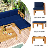 Outdoor Backyard Patio Wood 5-Piece Sectional Sofa Seating Group Set with Cushions, Natural Finish+ Blue Cushions