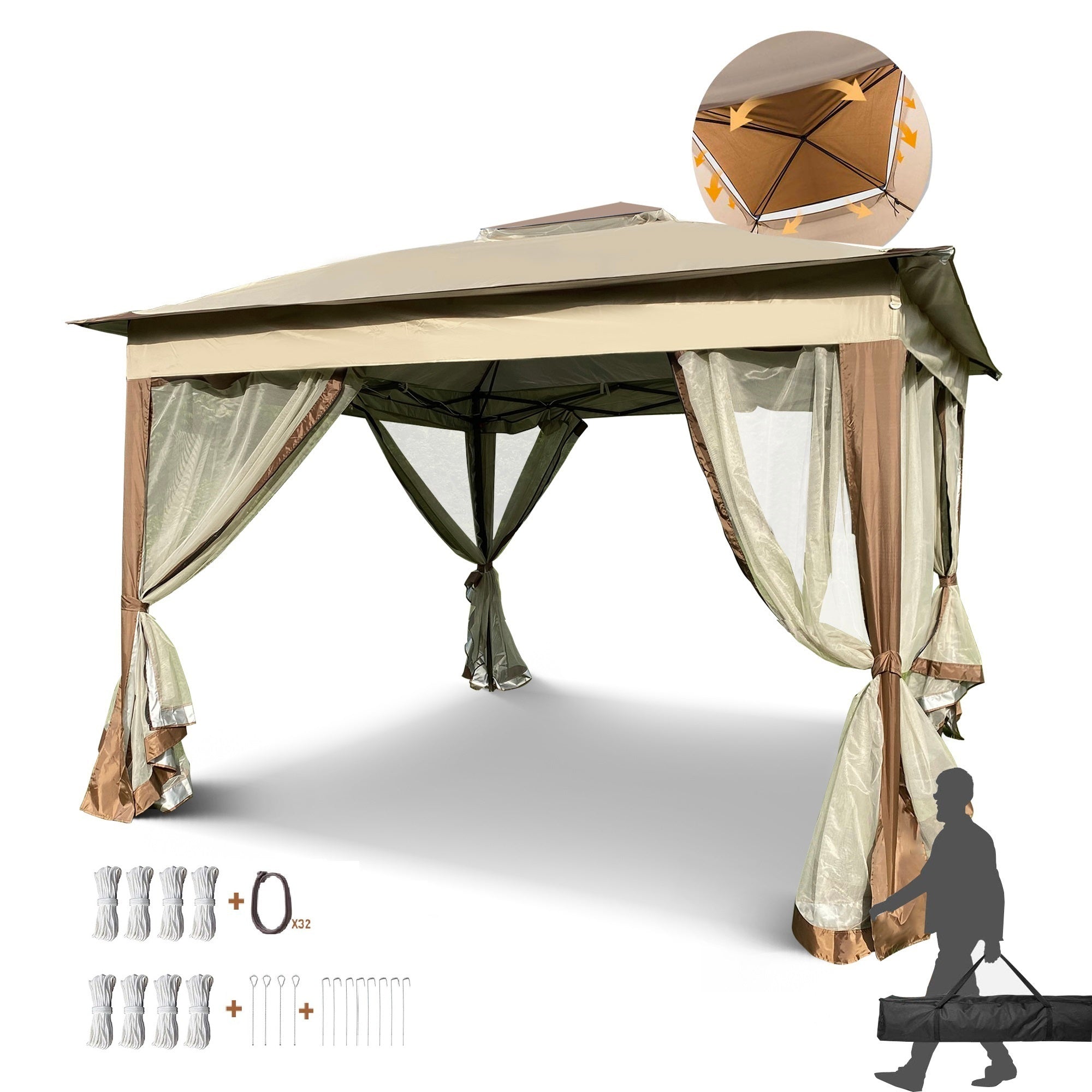 Coffee Outdoor 11' x 11' Pop Up Gazebo Canopy With Removable Zipper Netting