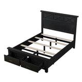 Rustic Farmhouse Style 3 Pieces Bedroom Sets Blackwash Queen Bed with 2 Drawers, Nightstand and Dresser, Coffee