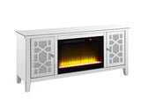 Silver TV STAND W/FIREPLACE Mirrored & Faux Diamonds