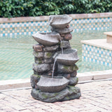 Grey Indoor Outdoor Stone Water Fountain, 4-Tier Polyresin Cascading Rock Bowl Freestanding Fountain with LED Light