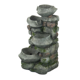 Grey Indoor Outdoor Stone Water Fountain, 4-Tier Polyresin Cascading Rock Bowl Freestanding Fountain with LED Light