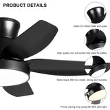 46 Inch Black Flush Mount Ceiling Fan with Light and Remote Control, Low Profile Ceiling Fan with 5 blades, 3 Light Color, 6 Speeds for Living Room, Bedroom, Children room, Matte Black