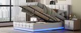 Queen Upholstered Platform Bed with Hydraulic Storage System - Storage Bed with LED Lights and USB charger, White