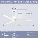 60 Inch Ceiling Fan With 6 Speed Remote Control Silver 3 Solid Wood Blade Reversible DC Motor For Living Room