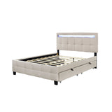 Queen Size Upholstered Platform Bed with LED Frame and 4 Drawers, Linen Fabric