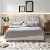 King Size Modern Design Bed Frame Upholstered Queen Bed Frame Platform with Headboard Fabric Headboard Wooden Slats Support, No Box Spring Needed,Mattress Foundation,White