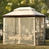 Beige Outdoor Gazebo with Convertible Swing Bench, Double Roof Soft Canopy