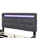 Queen Size Upholstered Platform Bed with LED Frame and 4 Drawers, Linen Fabric