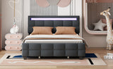 Queen Size Upholstered Platform Bed with LED Frame and 4 Drawers, Linen Fabric
