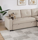 Pull Out Beige Dorris Fabric Convertible Sectional Sofa Bed Couch Storage Chaise Cup Holders