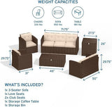6 Piece Storage Table Patio Furniture Wicker Conversation Set, Brown Wicker / Beige