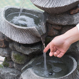 Grey Indoor Outdoor Stone Water Fountain, 4-Tier Polyresin Cascading Rock Bowl Freestanding Fountain with LED Light