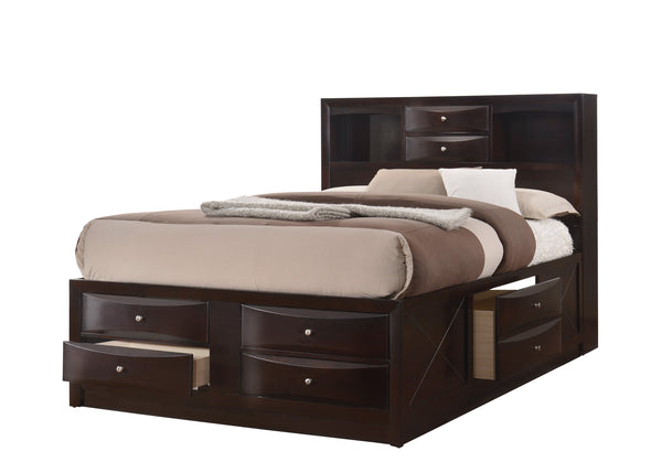 1pc Contemporary Queen Captain's Platform Bed Bookcase Shelves Headboard Side Storage Solid Wood Wooden Bedroom Furniture Cherry Finish