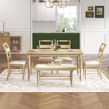 6-peice Dining Set with Turned Legs, Kitchen Table Set with Upholstered Dining Chairs