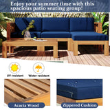Outdoor Backyard Patio Wood 5-Piece Sectional Sofa Seating Group Set with Cushions, Natural Finish+ Blue Cushions