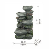 Grey Indoor Outdoor Stone Water Fountain, 4-Tier Polyresin Cascading Rock Bowl Freestanding Fountain with LED Light