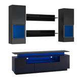 Black Stylish Functional TV stand, 5 Pieces Floating TV Stand Set, High Gloss Wall Mounted Entertainment Center with 16-color LED Light Strips for 75+ inch TV, Black