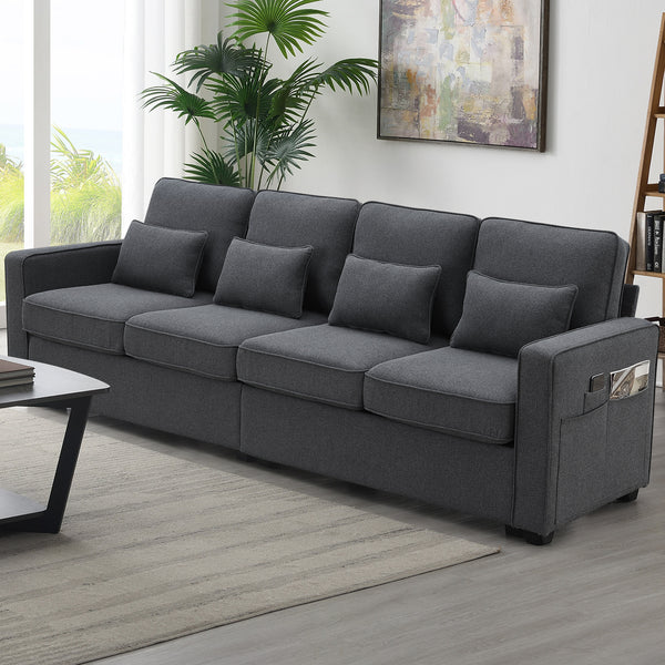 4-Seater Modern Linen Fabric Sofa with Armrest Pockets