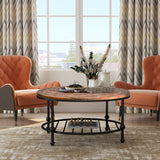 Brown Rustic Natural Round Coffee Table with Storage Shelf