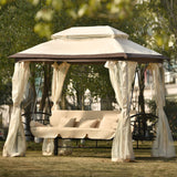 Beige Outdoor Gazebo with Convertible Swing Bench, Double Roof Soft Canopy