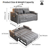 Pull Out 3 in 1 Convertible Sleeper Sofa Couch Velvet Tufted Loveseat w USB, Adjustable Backrest, Multi-Pockets