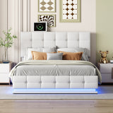Queen Upholstered Platform Bed with Hydraulic Storage System - Storage Bed with LED Lights and USB charger, White