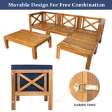 Outdoor Backyard Patio Wood 5-Piece Sectional Sofa Seating Group Set with Cushions, Natural Finish+ Blue Cushions