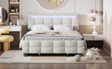 Queen Size Upholstered Platform Bed with LED Frame and 4 Drawers, Linen Fabric