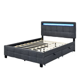 Queen Size Upholstered Platform Bed with LED Frame and 4 Drawers, Linen Fabric