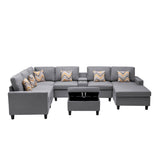 Gray 8Pc Reversible Sectional Sofa Couch with Interchangeable Legs, Pillows, Storage Ottoman, and a USB, Charging Ports, Cupholders, Storage Console Table