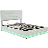 Queen Upholstered Platform Bed with Hydraulic Storage System - Storage Bed with LED Lights and USB charger, White