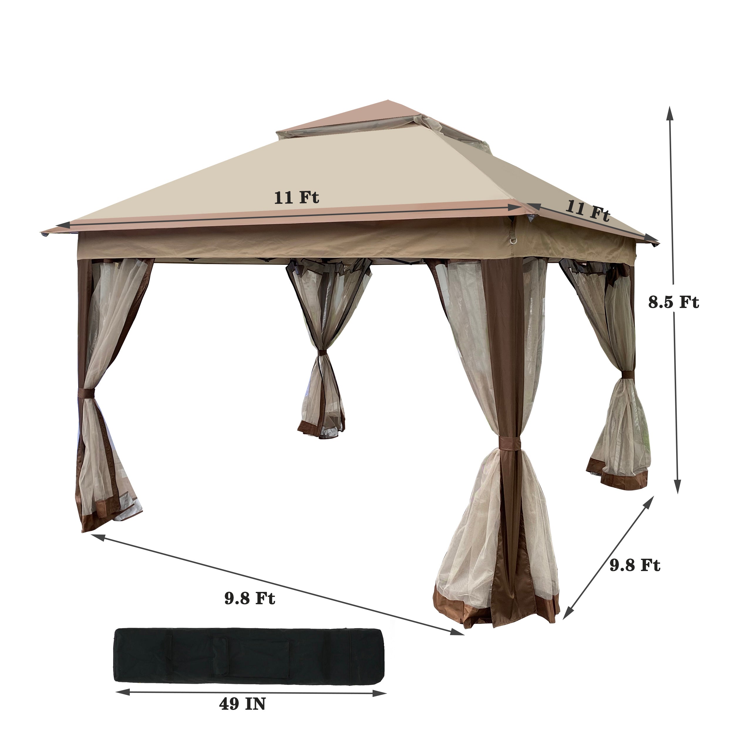Coffee Outdoor 11' x 11' Pop Up Gazebo Canopy With Removable Zipper Netting