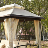 Beige Outdoor Gazebo with Convertible Swing Bench, Double Roof Soft Canopy