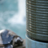 Antique Green Tall Large Round Green Ribbed Tower Water Fountain, Verge Bronze, Cement Outdoor Bird Feeder / Bath Fountain