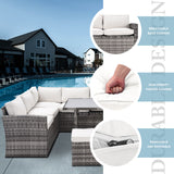 Outdoor Patio Furniture Set,7 Pieces Outdoor Sectional Conversation Sofa with Dining Table,Chairs and Ottomans,All Weather PE Rattan and Steel Frame,With Backrest and Removable Cushions(Grey+Beige)
