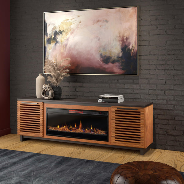 Devine 86 inch Fireplace TV Stand Console for TVs up to 100 inches, Black with Bourbon finish