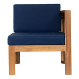 Outdoor Backyard Patio Wood 5-Piece Sectional Sofa Seating Group Set with Cushions, Natural Finish+ Blue Cushions
