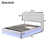 Queen Upholstered Platform Bed with Hydraulic Storage System - Storage Bed with LED Lights and USB charger, White