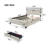 Queen Size Upholstered Platform Bed with LED Frame and 4 Drawers, Linen Fabric