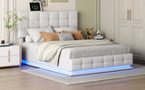 Queen Upholstered Platform Bed with Hydraulic Storage System - Storage Bed with LED Lights and USB charger, White