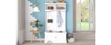 White Hall Tree with Storage Shoe Bench for Entryway and Hallway