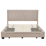Queen Size Storage Bed Linen Upholstered Platform Bed with 3 Drawers