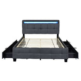 Queen Size Upholstered Platform Bed with LED Frame and 4 Drawers, Linen Fabric