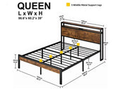 Queen Size  Metal Platform Bed Frame with Wooden Headboard and Footboard