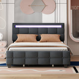 Queen Size Upholstered Platform Bed with LED Frame and 4 Drawers, Linen Fabric
