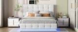 Queen Upholstered Platform Bed with Hydraulic Storage System - Storage Bed with LED Lights and USB charger, White