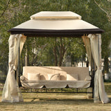 Beige Outdoor Gazebo with Convertible Swing Bench, Double Roof Soft Canopy