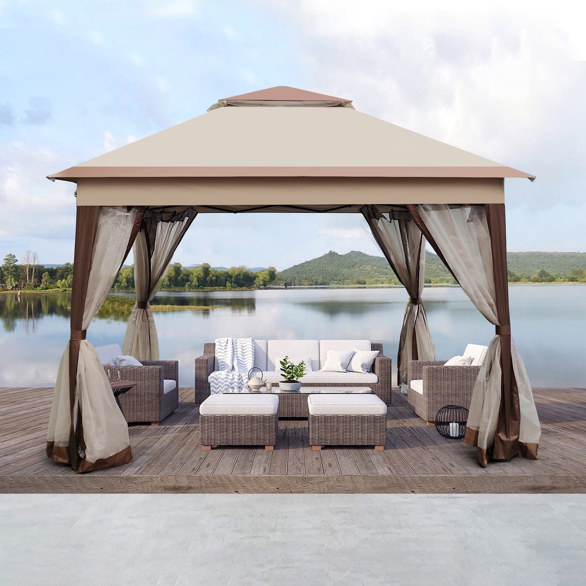 Coffee Outdoor 11' x 11' Pop Up Gazebo Canopy With Removable Zipper Netting