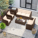 6 Piece Storage Table Patio Furniture Wicker Conversation Set, Brown Wicker / Beige